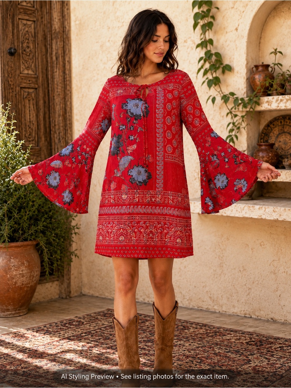 Anthropologie Vanessa Virginia 100% Silk Red Boho Bell Sleeve Dress US 6-8
